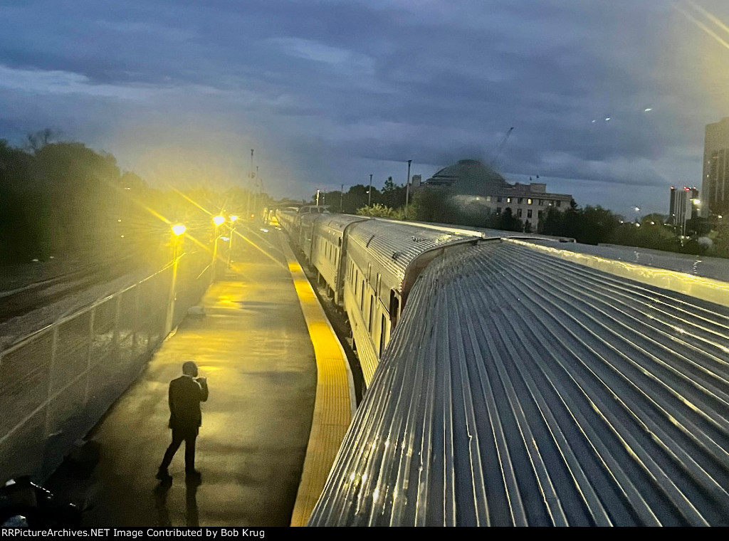 The westbound Canadian departs Winnipeg at dusk